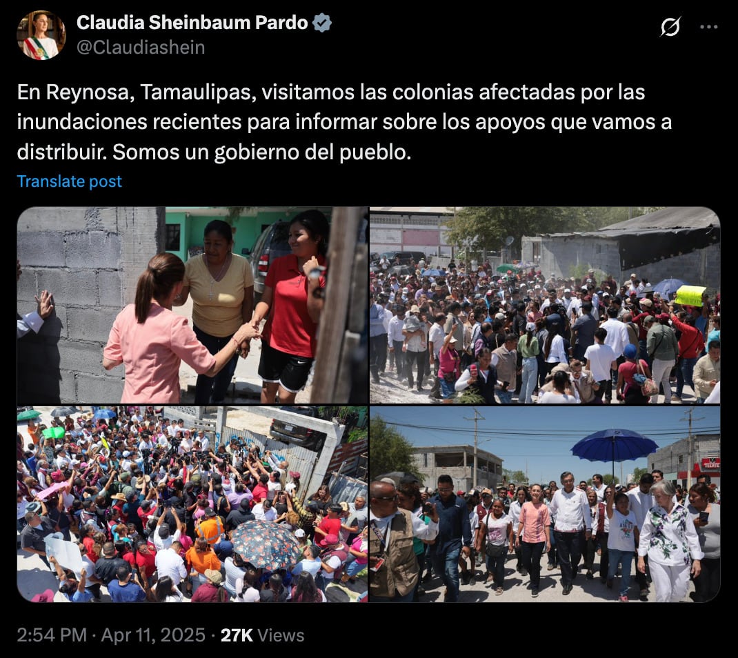 Claudia Sheinbaum dará apoyos en Tamaulipas por inundaciones.