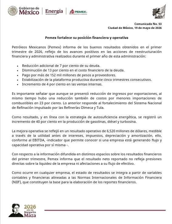 Pemex reporta reducción de deuda y menores costos financieros