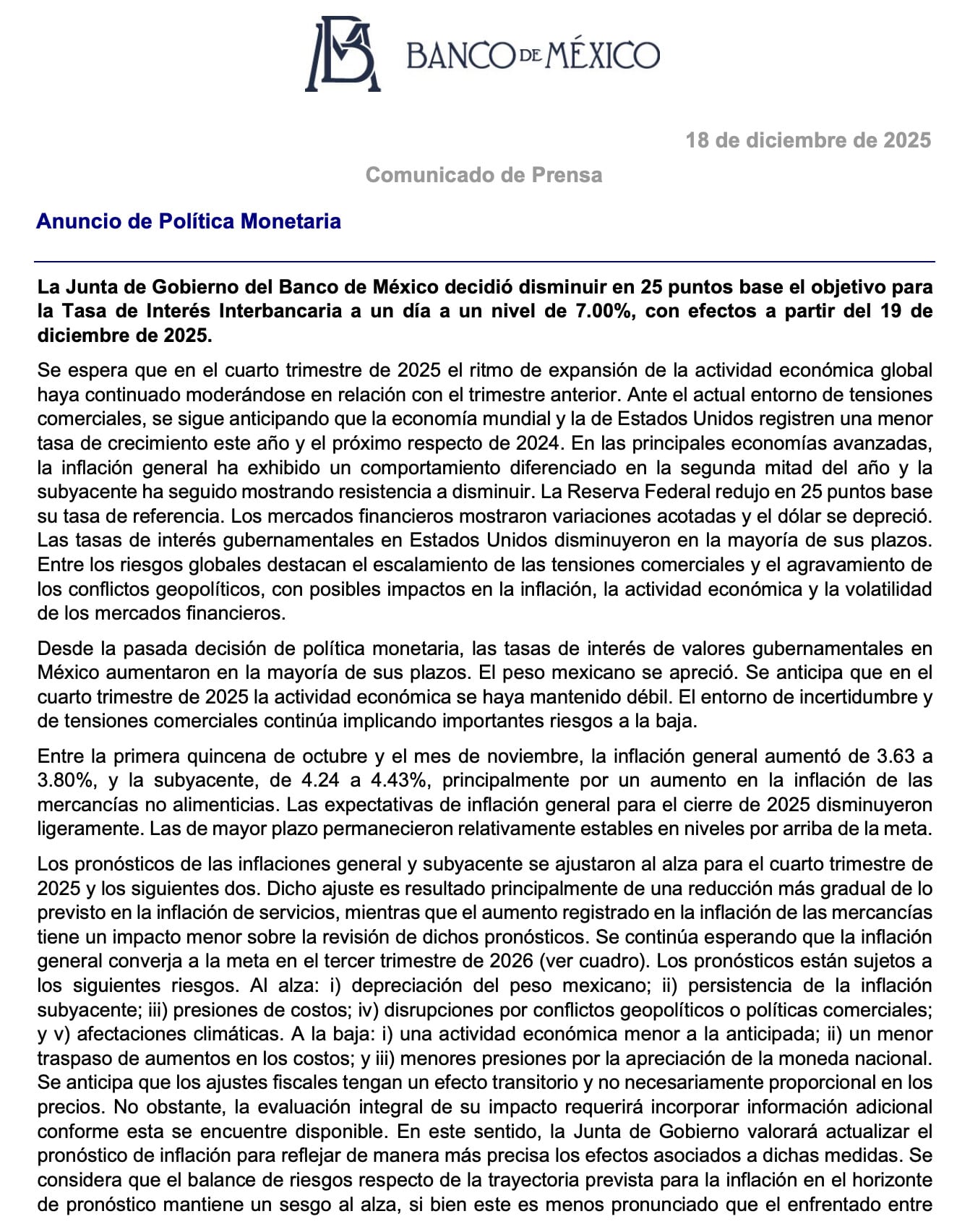 Banxico baja la tasa a 7%: lo que cambia para tu crédito y tu dinero