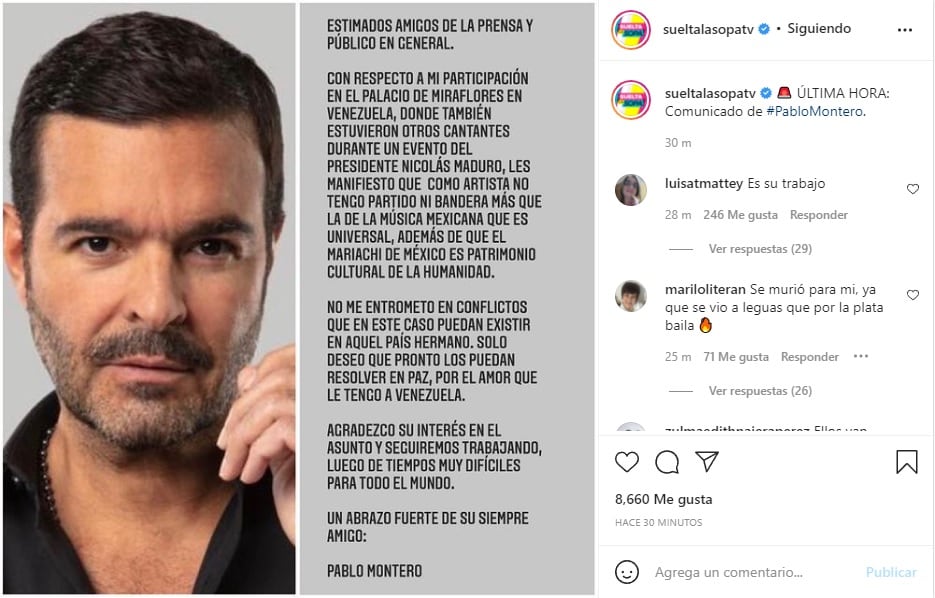 Pablo Montero se justifica por cantar en fiesta de Nicolás Maduro