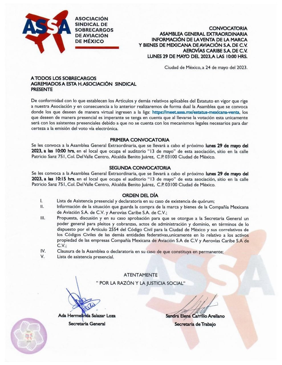 Convocatoria de ASSA para sobrecargos sobre venta de la marca Mexicana de Aviación