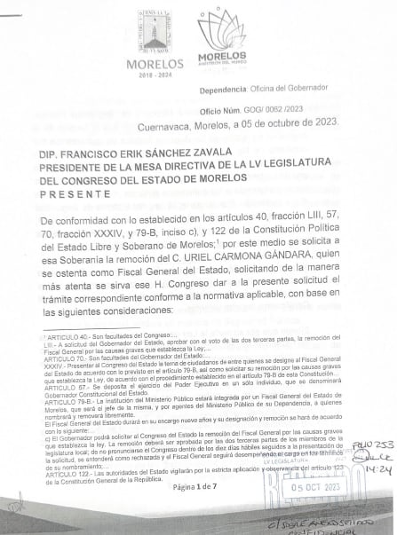 Uriel Carmona: Gobierno de Morelos pide al Congreso Estatal removerlo como fiscal