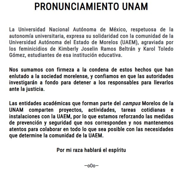 La UNAM se pronuncia sobre feminicidios de estudiantes de la UAEM.