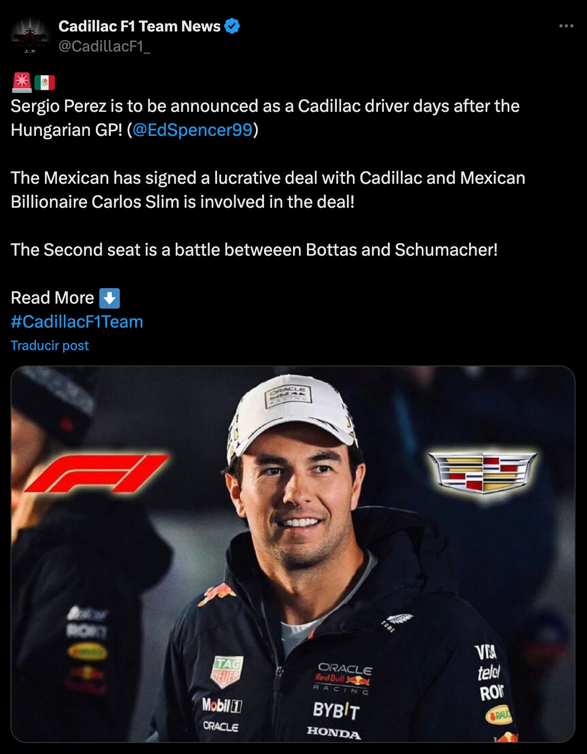 Checo Pérez regresaría a la Fórmula 1 con Cadillac