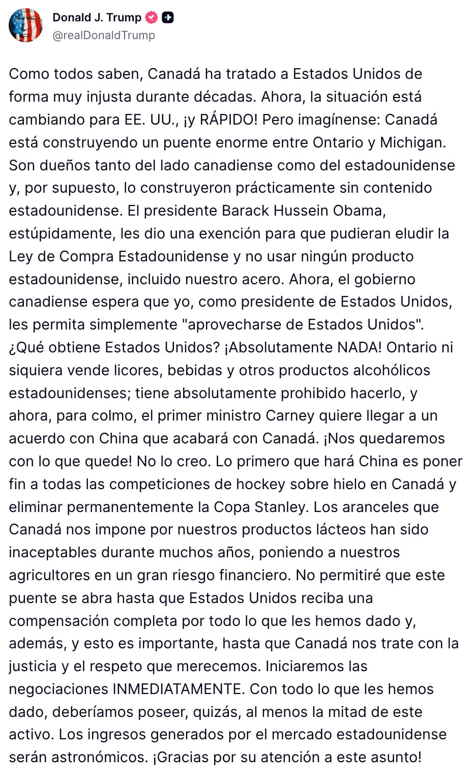 Trump frena puente con Canadá hasta recibir “compensación completa”