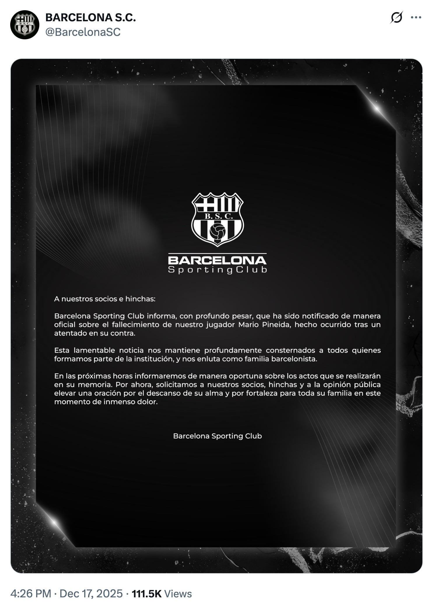 Barcelona de Ecuador comunica asesinato de Mario Pineida.
