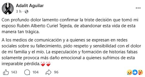 Esposa de Rubén Alberto Curiel pide respeto y no especular sobre su muerte