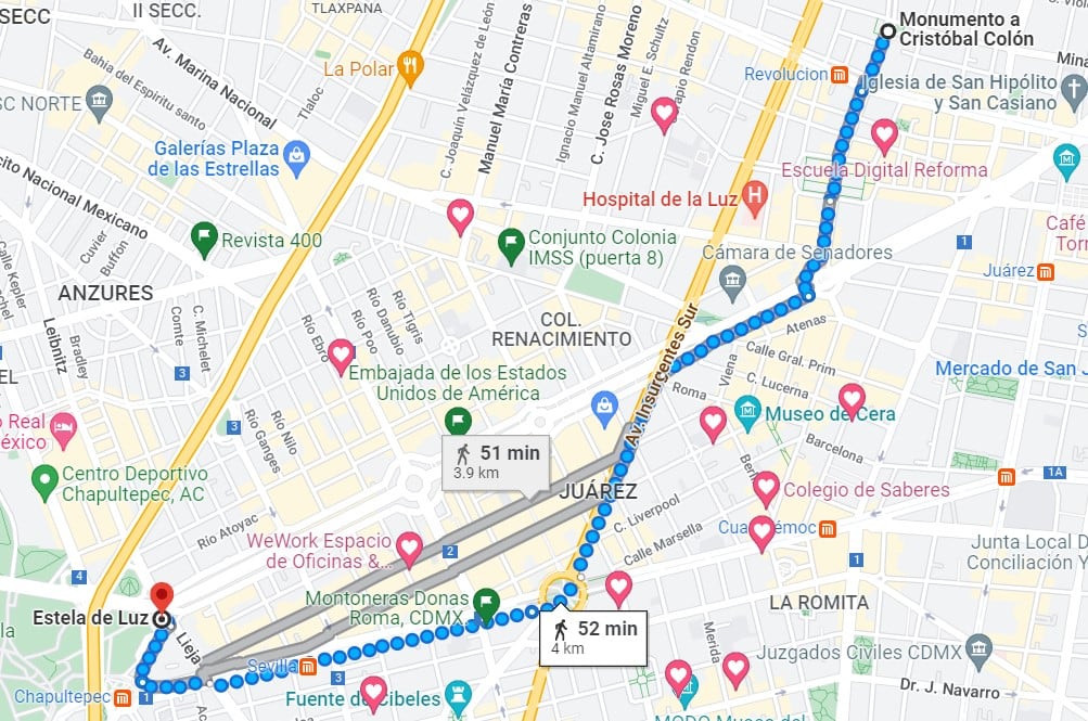 La ruta partirá desde la Estela de Luz e ira hacia la Glorieta de las Mujeres, antes Monumento a Colón.