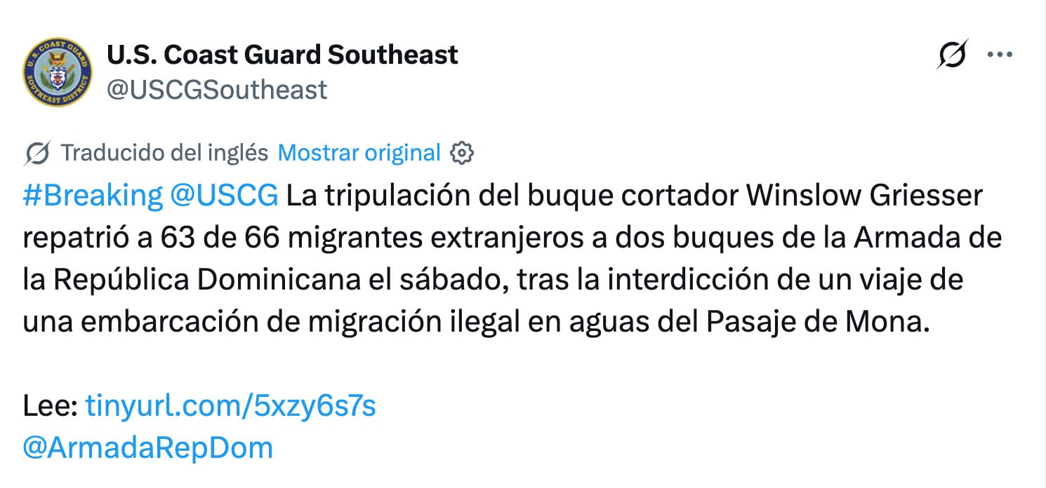 Estados Unidos intercepta embarcación con 66 migrantes en el Paso de la Mona