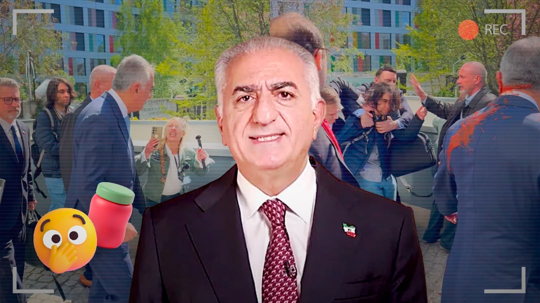 Le lanzan salsa a Reza Pahlaví durante protesta en Berlín