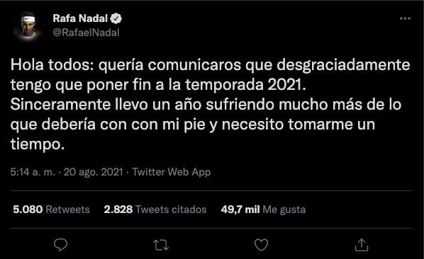 Rafael Nadal le puso fin a su temporada