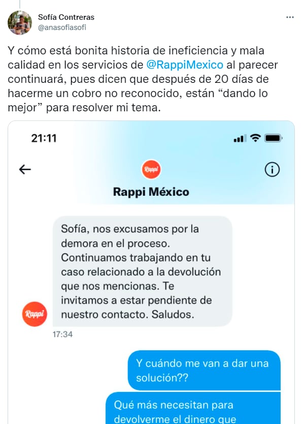 Tuit de queja ante Rappi