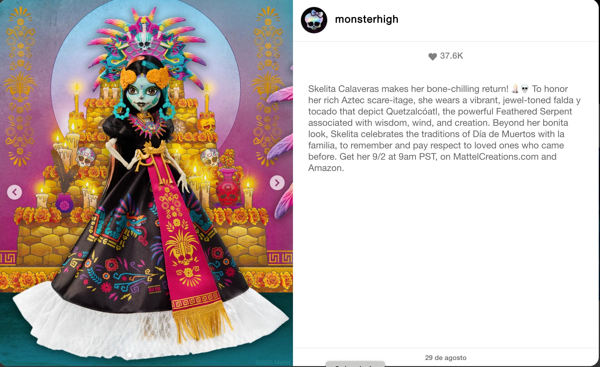 La Monster High Skelita Calavera de Mattel Creations para el Día de Muertos 2025