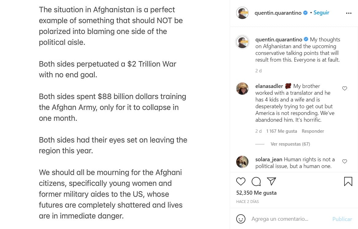 Publicación de Quentin Tarantino en Instagram
