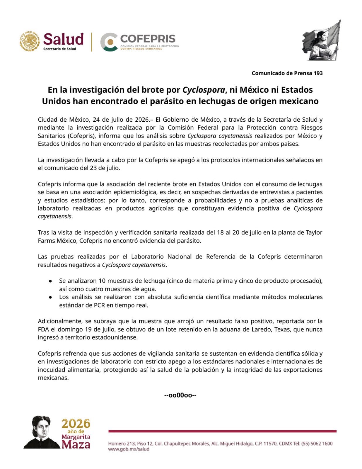 Estados Unidos descarta Cyclospora en lechugas de México