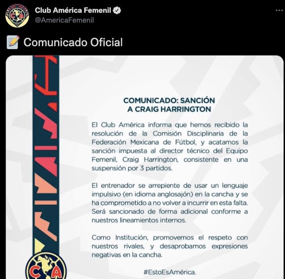 América Femenil acatará el castigo a Craig Harrington