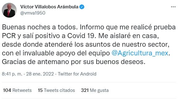 Víctor Villalobos, titular de Sader, tiene Covid-19