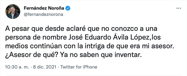 Tuit de Gerardo Fernández Noroña, deslindándose de sujeto detenido en el Estado de México