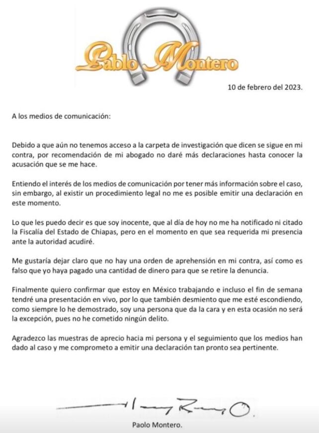 Comunicado de Pablo Montero