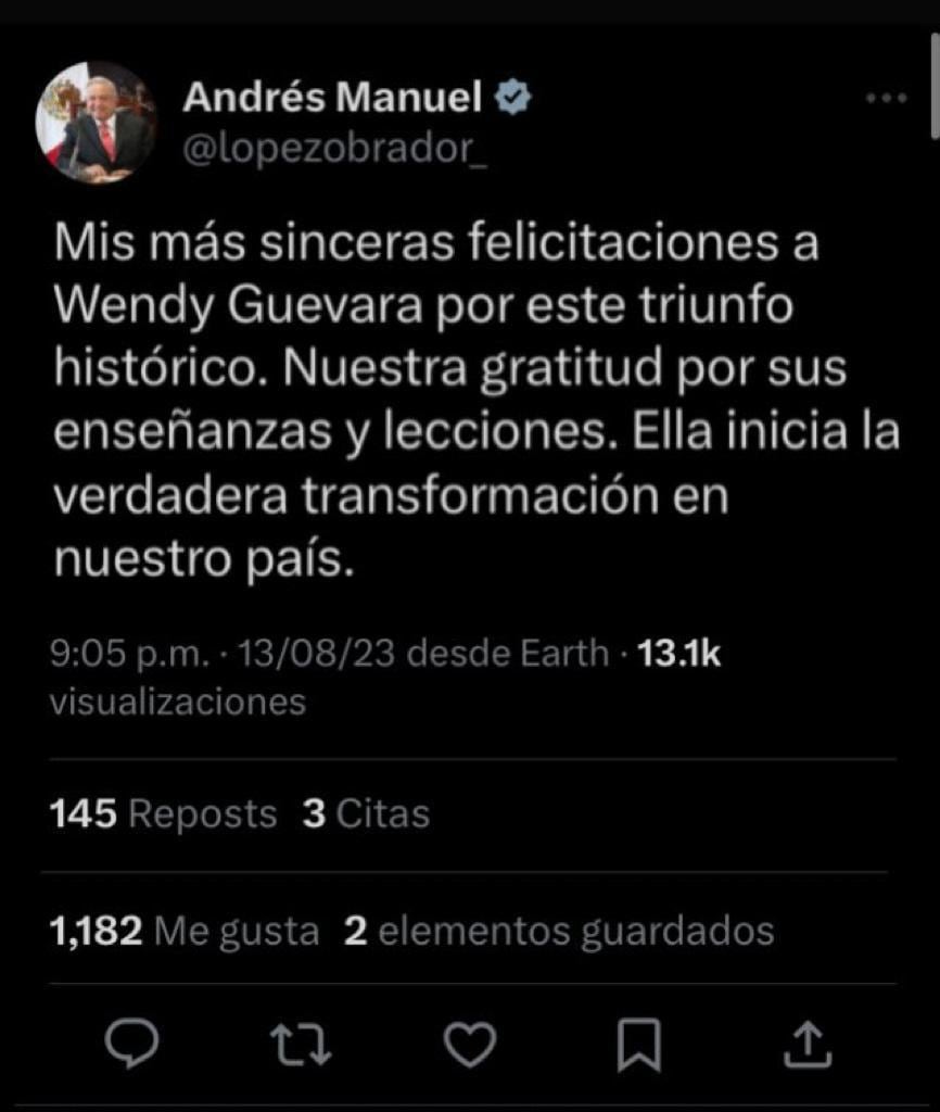 AMLO felicita a Wendy Guevara
