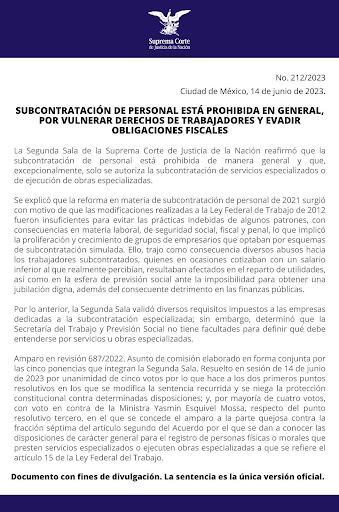 Publicación sobre subcontratación SCJN