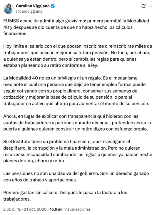 Viggiano crítica cambios del IMSS a las pensiones