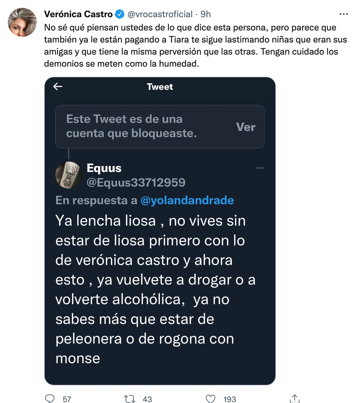 La actriz comparte tuit donde insultan a Yolanda Andrade