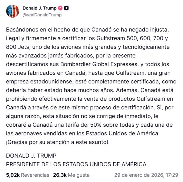 Donald Trump advierte aranceles si no se certifica a Gulfstream