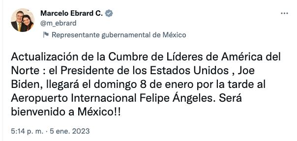 Joe Biden llegará a México aterrizando en el AIFA, informa Marcelo Ebrard