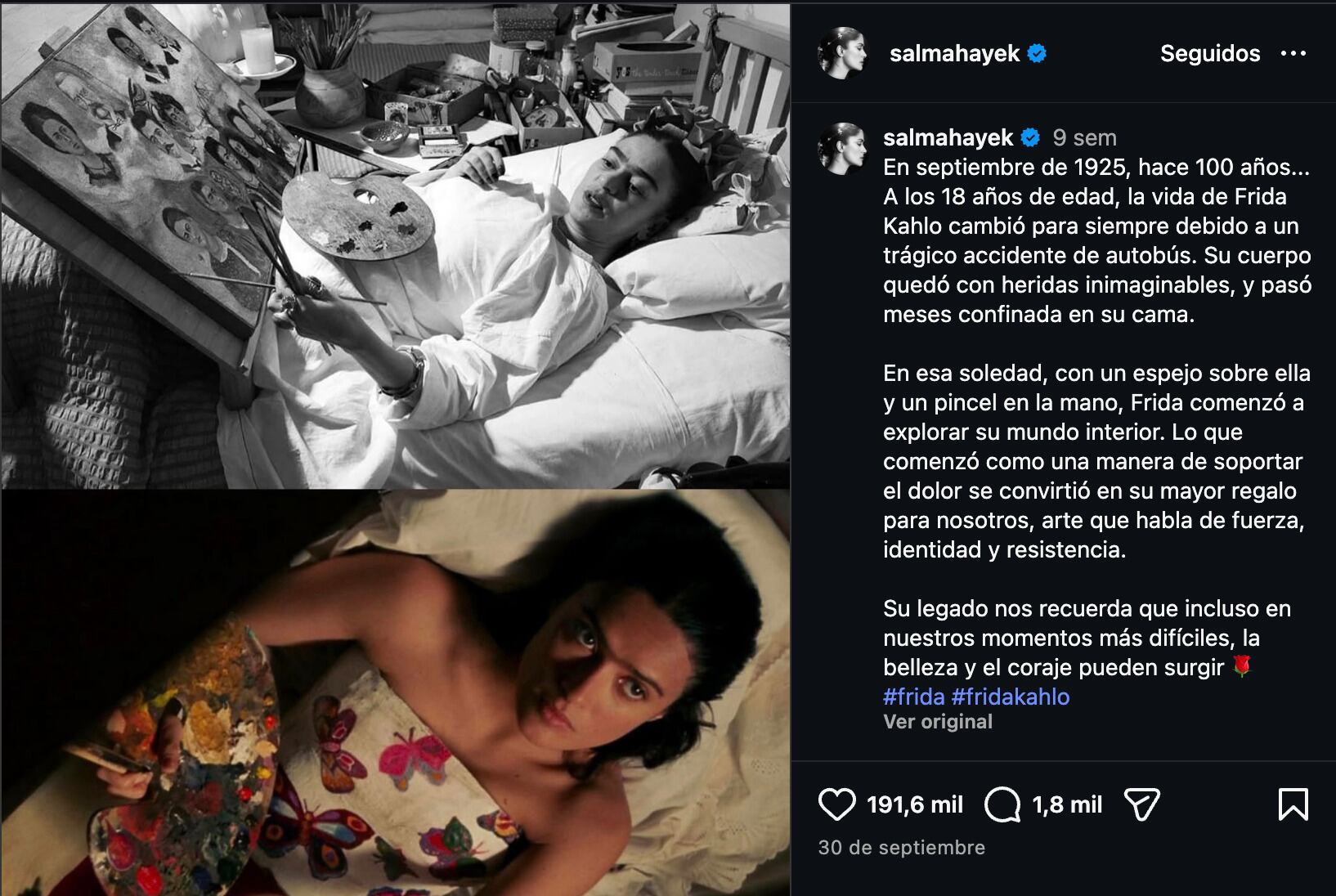 Salma Hayek celebró el legado de Frida Kahlo en septiembre, mes en el que la pintora sufrió un accidente