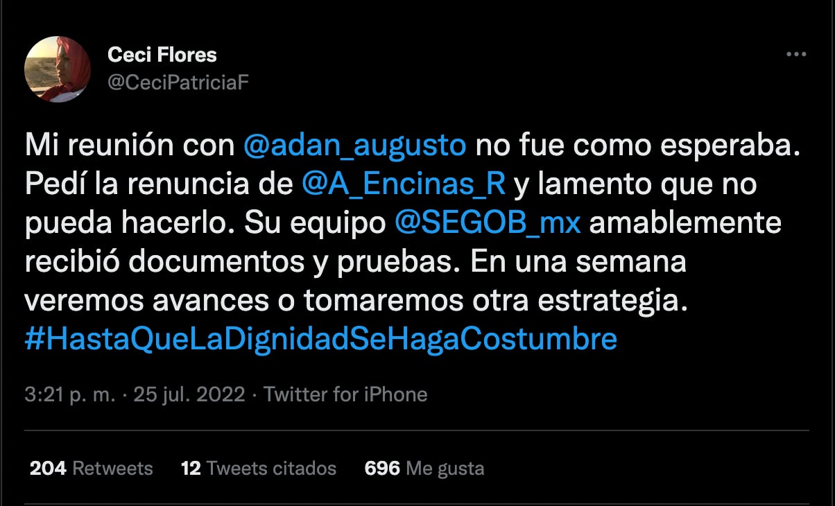 Ceci Flores anuncia que Adán Augusto López no cumplió acuerdos pactados