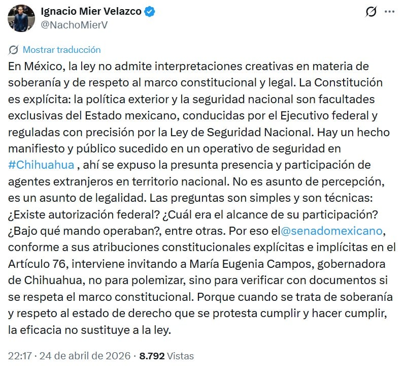 Ignacio Mier pide a Maru Campos explicar en el Senado operativo en Chihuahua