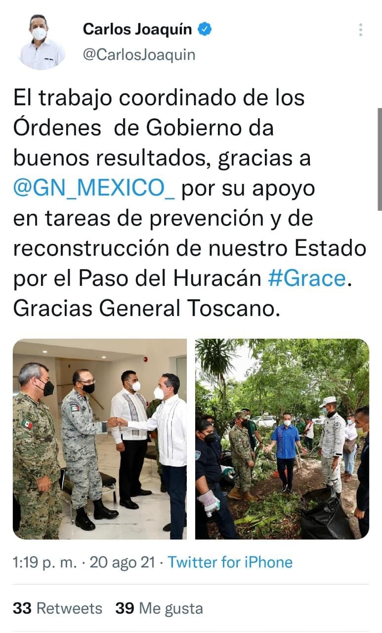 Publicación de Twitter Carlos Joaquín