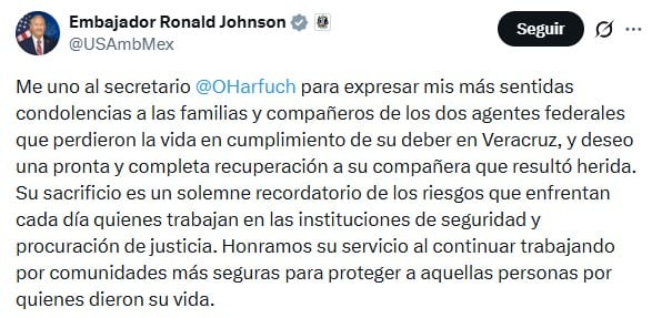 Ronald Johnson lamenta muerte de 2 agentes en Omealca, Veracruz