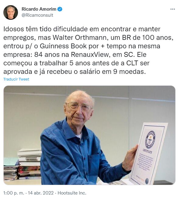 Abuelito logra récord Guinness por llevar 84 años trabajando en la misma empresa
