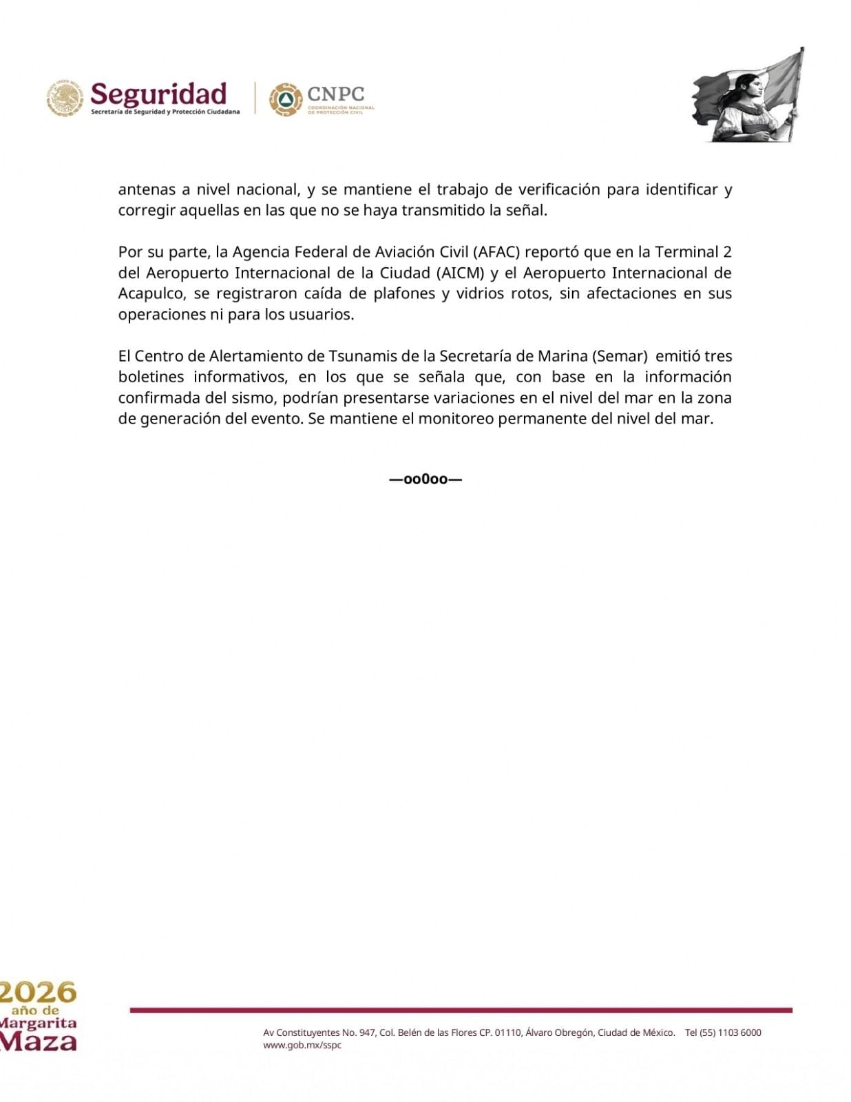 Comunicado tras sismo de hoy 2 de enero.