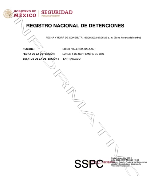 Ficha de detención de Erick Valencia, alias "El 85"