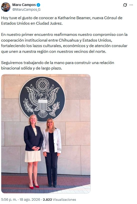 Maru Campos reafirma cooperación entre Chihuahua y Estados Unidos con Katharine Beamer