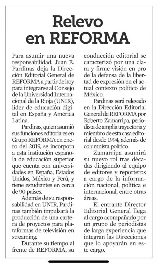 Reforma anuncia relevo en dirección editorial general