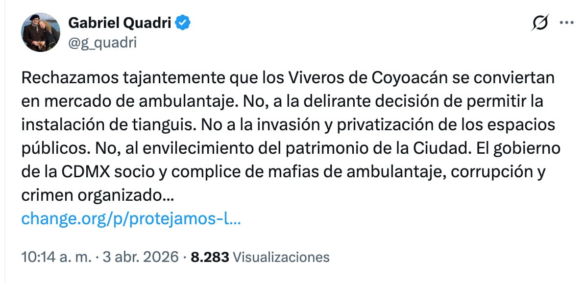 Gabriel Quadri protesta ante el tianguis sabatino en Viveros de Coyoacán