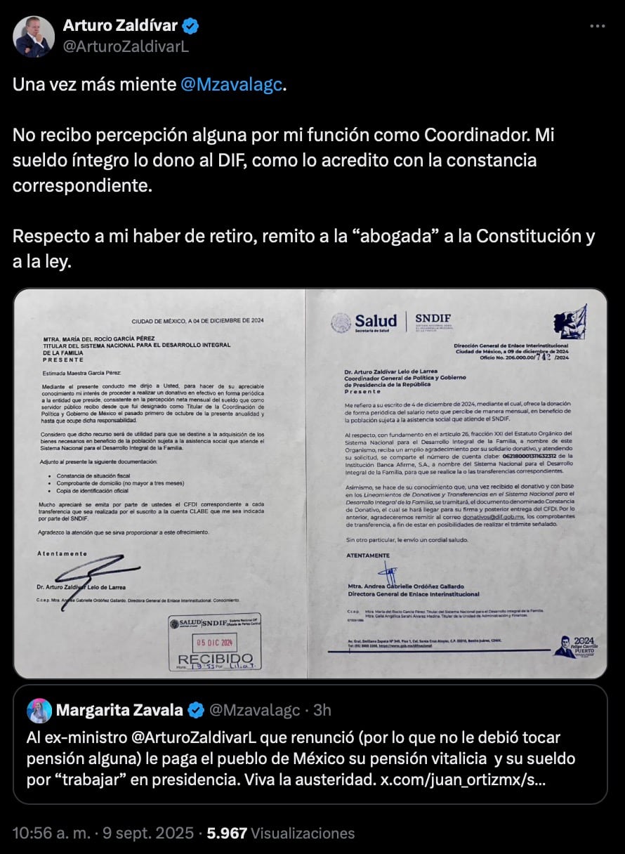 Arturo Zaldívar dice que dona su sueldo al DIF y defiende recibir su haber de retiro