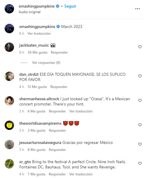 Comentarios Instagram al anuncio de The Smashing Pumpkins en el festival The World Vampire 2023
