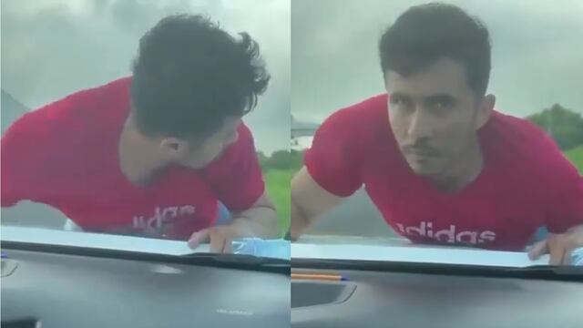 Video de ladrón que quedó colgado del cofre de un automóvil en Veracruz