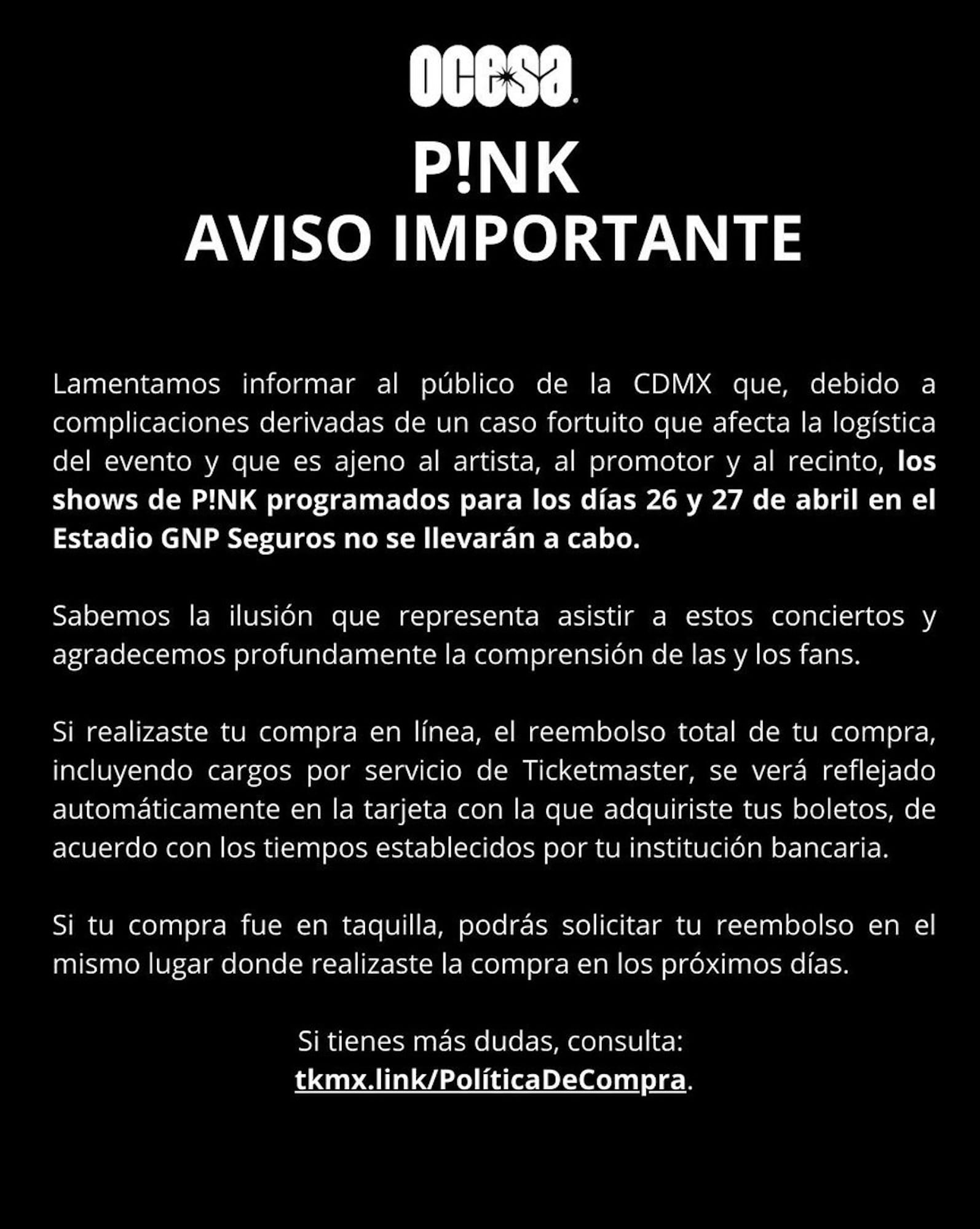 Pink cancela sus conciertos en México: esto pasará con los boletos