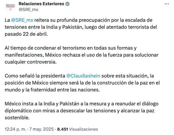 SRE pide a India y Pakistán que "no peleen"