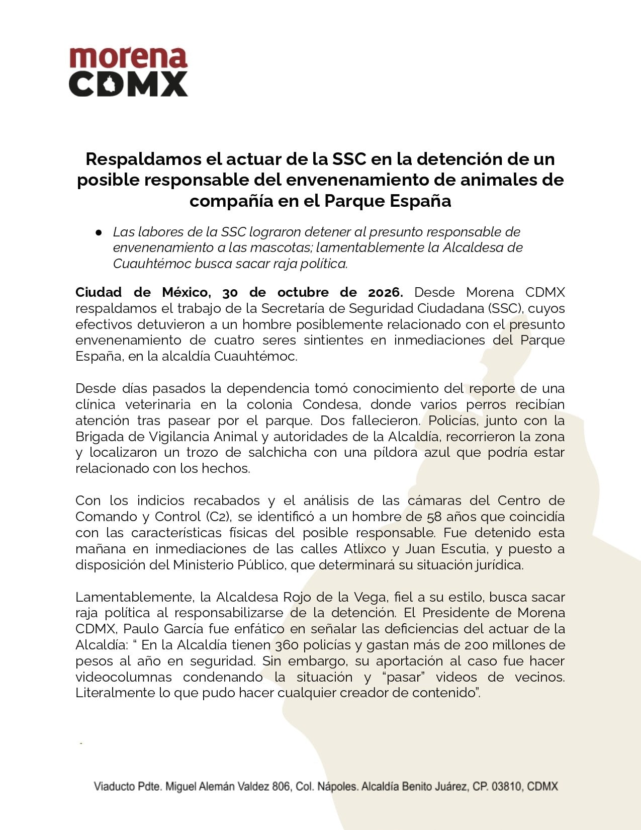 Morena acusa a Rojo de la Vega de politizar el caso de perros envenenados en Parque España