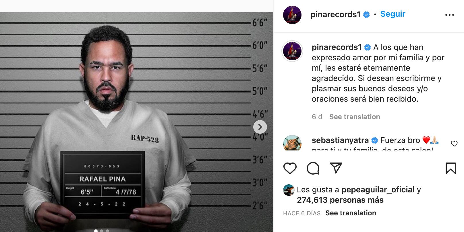 Raphy Pina mostró su primera fotografía en prisión