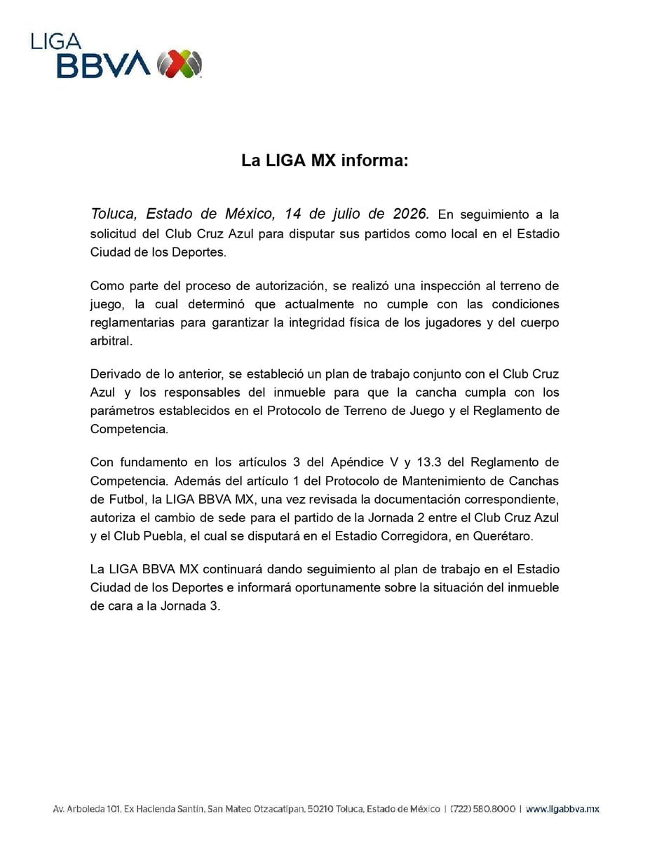 Liga MX confirma que Cruz Azul jugará en el Estadio Corregidora ante Puebla.