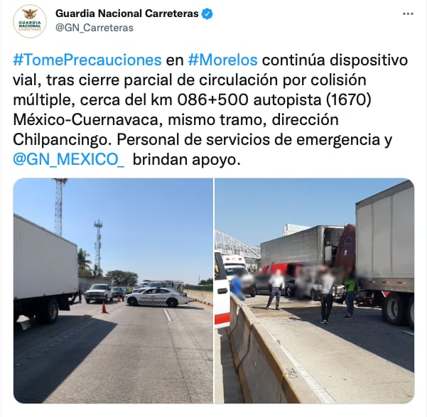 Reporte de accidente en Cuernavaca hoy/Guardia Nacional Carreteras