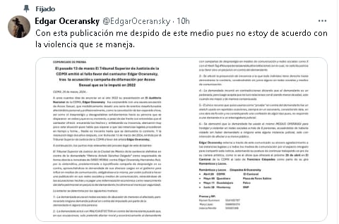 Edgar Oceransky se va de Twitter tras ganar demanda a quien lo acusó de pederastia.